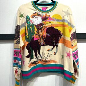 QUEEN OF SPARKLES Christmas Multi Vintage Cowboy Santa Sweatshirt